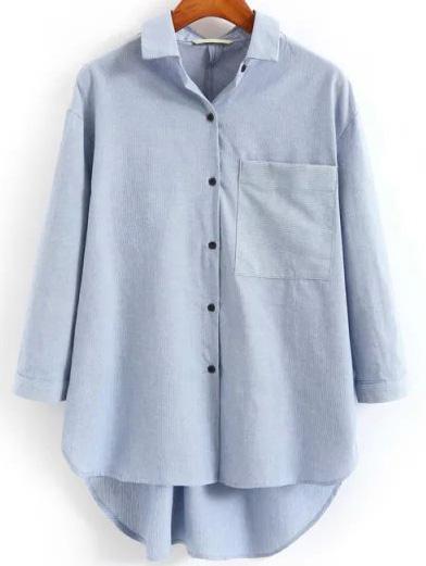 Shein Blue Vertical Stripe Pocket Dip Hem Blouse