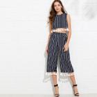Shein Tassel Trim Striped Shell Top & Culotte Pants Set
