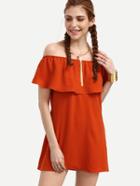 Shein Dark Orange Ruffle Off The Shoulder Chiffon Dress