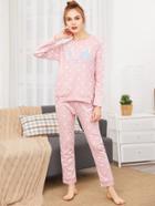Shein Cartoon & Letter Embroidered Pullover & Pants Pj Set