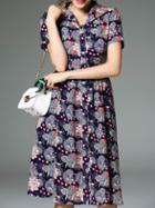 Shein Navy Lapel Floral A-line Dress