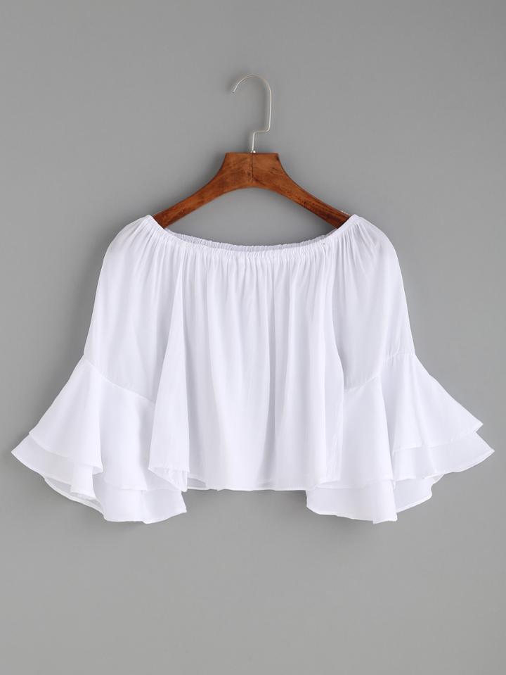 Shein White Bell Sleeve Boat Neck Crop Top