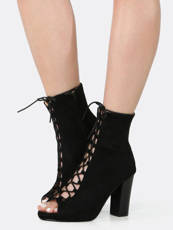 Shein Peep Toe Lace Up Chunky Heel Booties Black