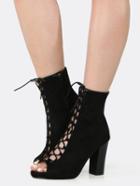Shein Peep Toe Lace Up Chunky Heel Booties Black