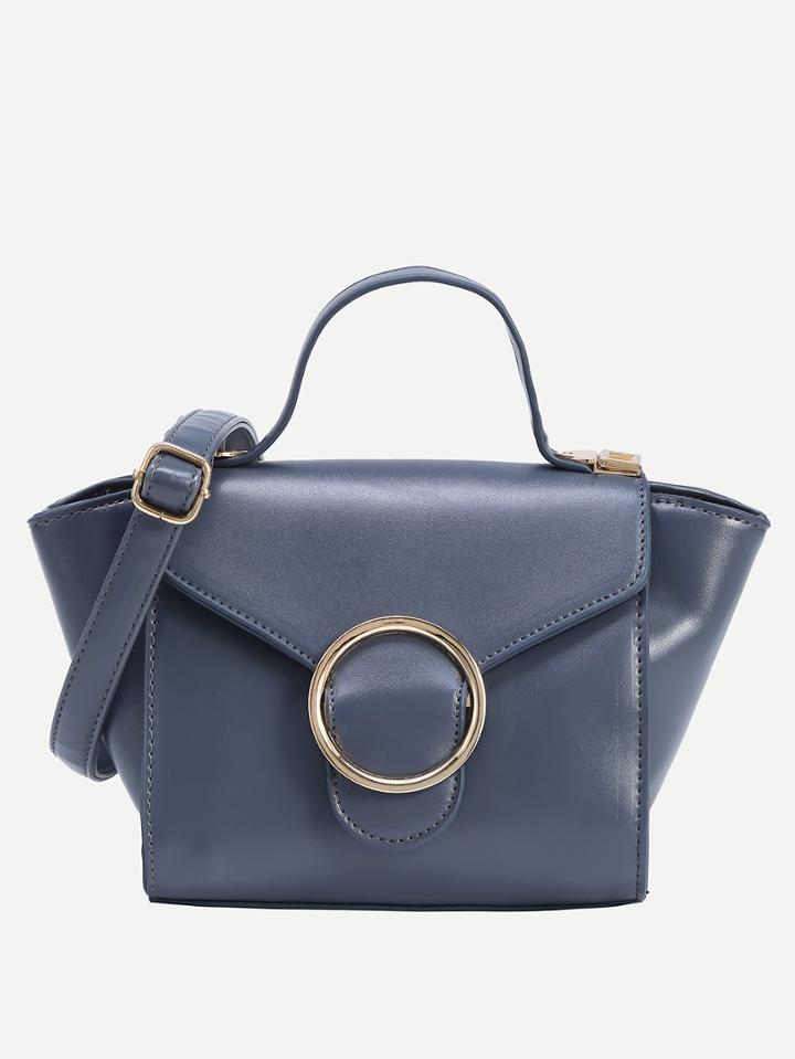 Shein Metal Ring Accent Trapezoid Handbag With Strap - Blue