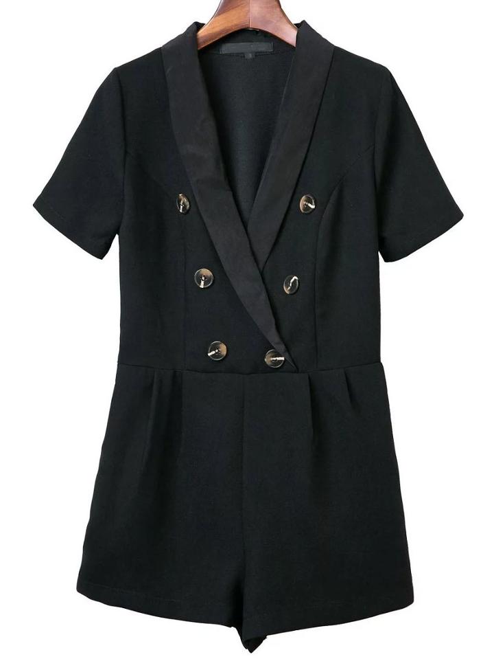 Shein Black Deep Shawl Lapel Double Breasted Embellished Romper
