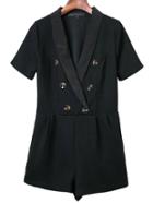 Shein Black Deep Shawl Lapel Double Breasted Embellished Romper