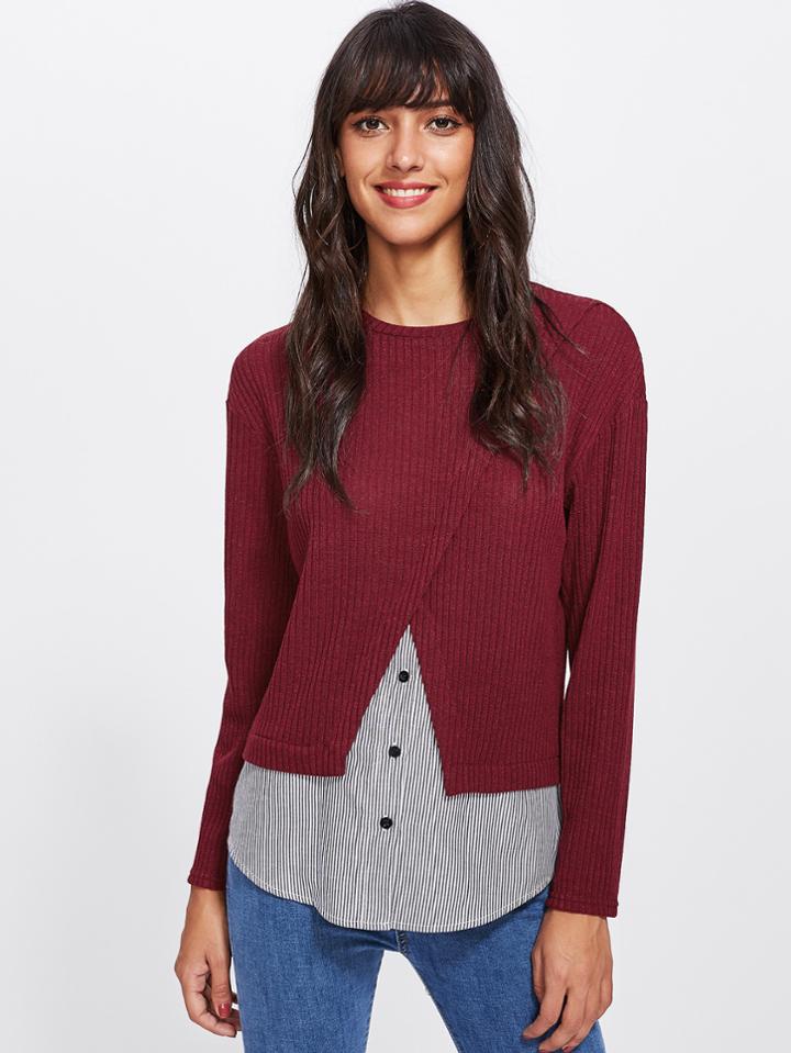 Shein Contrast Striped Hem 2 In 1 Overlap Tee