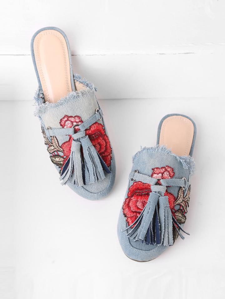 Shein Raw Trim Flower Embroidery Denim Loafer Mules