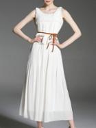 Shein White Pleated Flowers Applique Tie-waist Dress