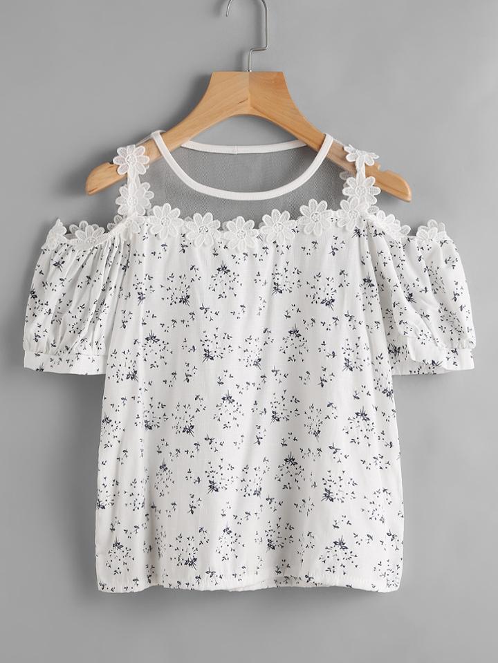 Shein Calico Print Mesh Insert Crochet Trim Top