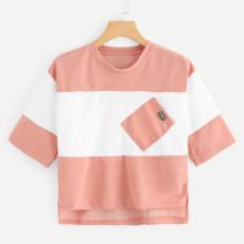 Shein Color Block Chest Pocket Dip Hem Tee
