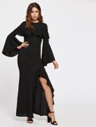 Shein Trumpet Sleeve Flounce Trim Slit Front Dress