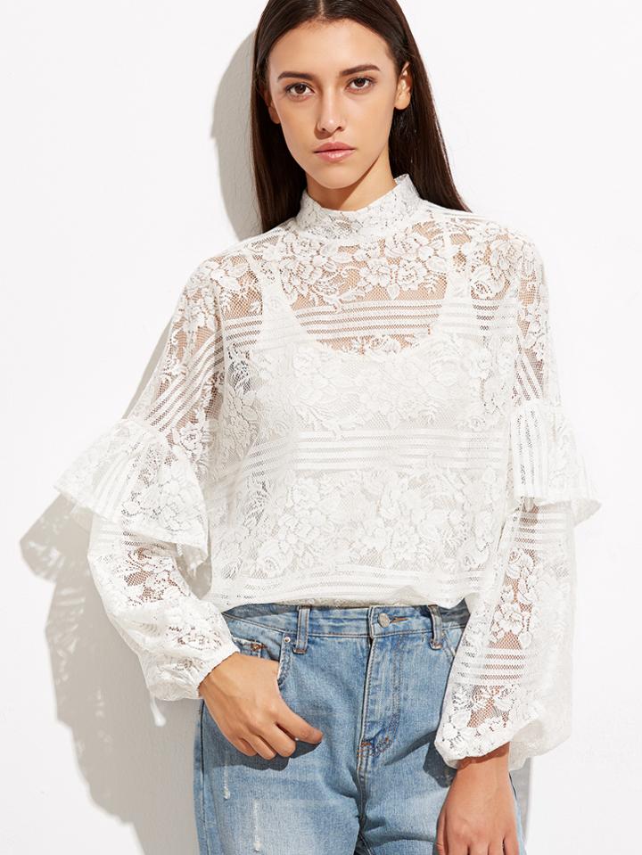 Shein White High Neck Ruffle Trim Floral Lace Top