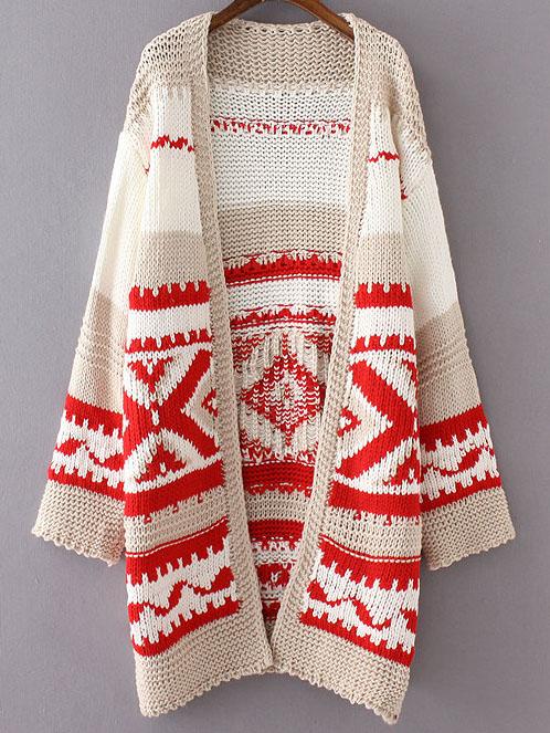 Shein Red Geometric Pattern Loose Sweater Coat