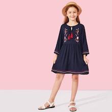 Shein Girls Tassel Tied Neck Embroidery Dress