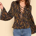 Shein Lantern Sleeve Lace Up Plunge Neck Floral Top