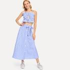 Shein Open Front Ruffle Top & Button Belted Skirt Set