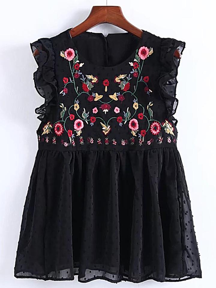 Shein Flower Embroidery Pleated Hem Ruffle Trim Top
