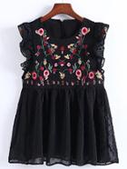 Shein Flower Embroidery Pleated Hem Ruffle Trim Top