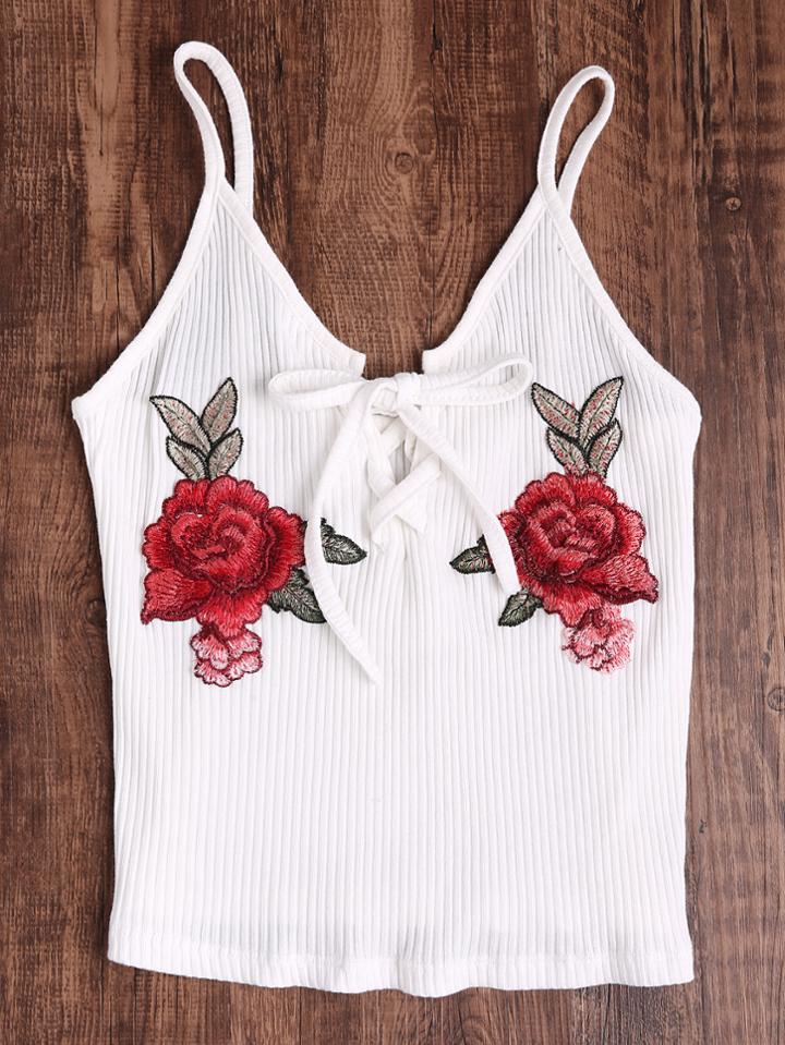 Shein Rose Embroidered Patch Lace Up Ribbed Cami Top
