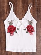 Shein Rose Embroidered Patch Lace Up Ribbed Cami Top