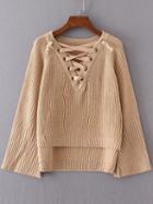 Shein Khaki Lace Up V Neck High Low Sweater