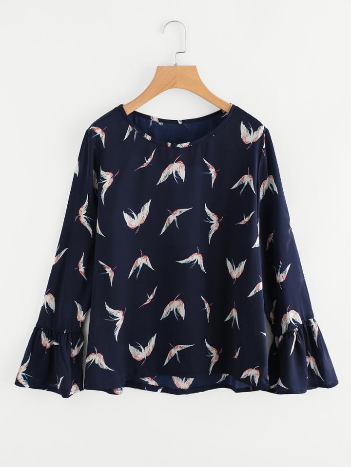 Shein Ruffle Sleeve Red-crowned Crane Print Random Blouse