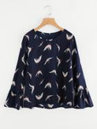 Shein Ruffle Sleeve Red-crowned Crane Print Random Blouse