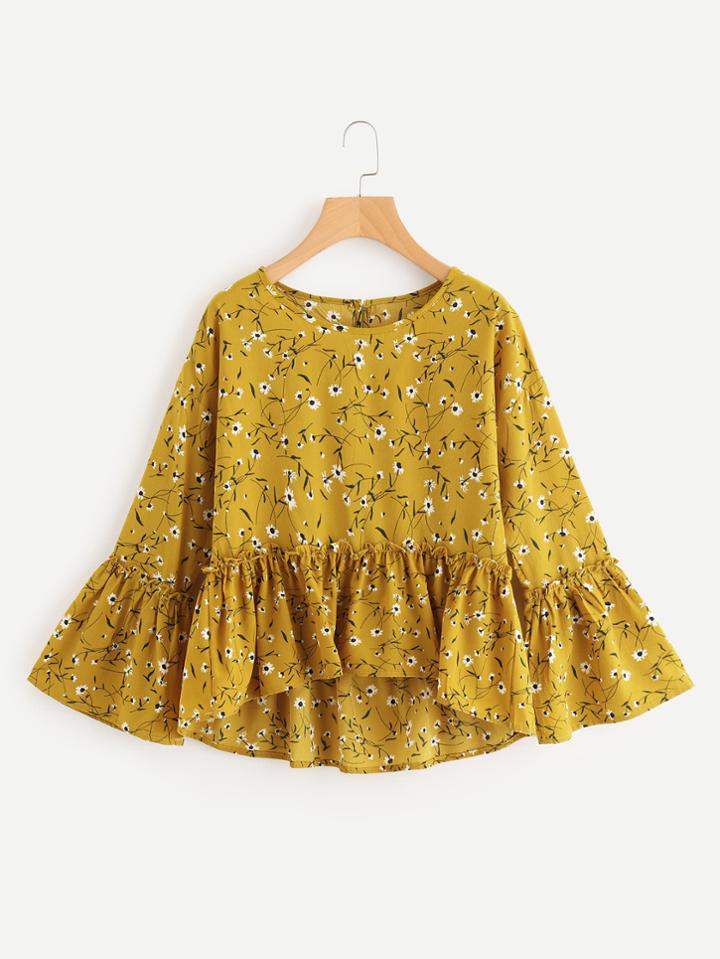 Shein Ditsy Print Frill Dip Hem Blouse