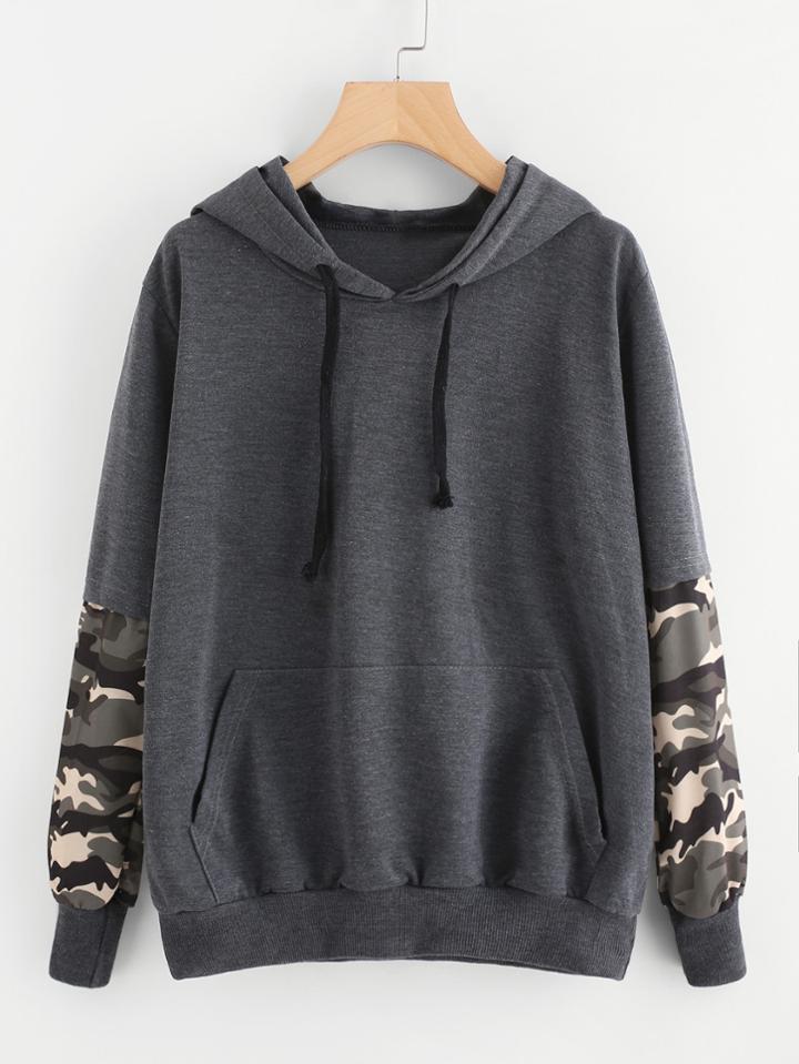 Shein Camouflage Print Contrast Kangaroo Pocket Sweatshirt
