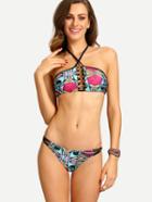 Shein Multicolor Tribal Print Beaded Macrame Bikini Set