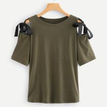 Shein Open Shoulder Bow Tie Detail  T-shirt