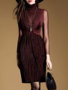 Shein Burgundy Sheer Contrast Velvet Pleated Dress