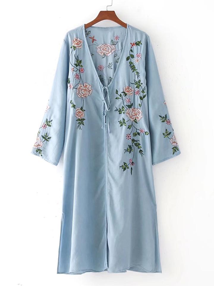 Shein Flower Embroidery Lace Up Detail Split Dress