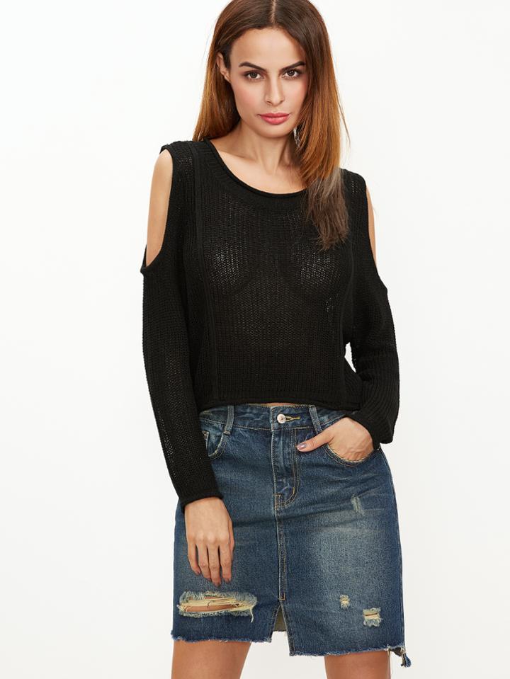 Shein Black Cold Shoulder Crop Sweater