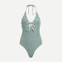 Shein Lace Up Front Scallop Trim Halter Swimsuit