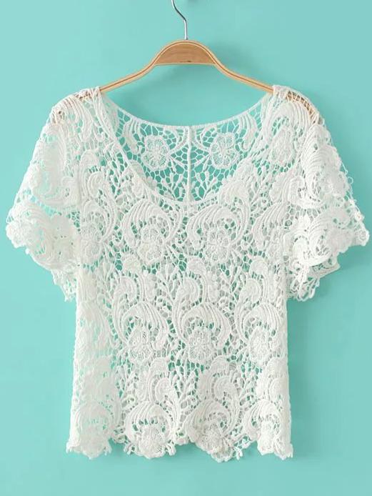 Shein White Round Neck Crochet Blouse