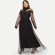 Shein Plus Tie Neck Embroidered Detail Mesh Overlay Dress