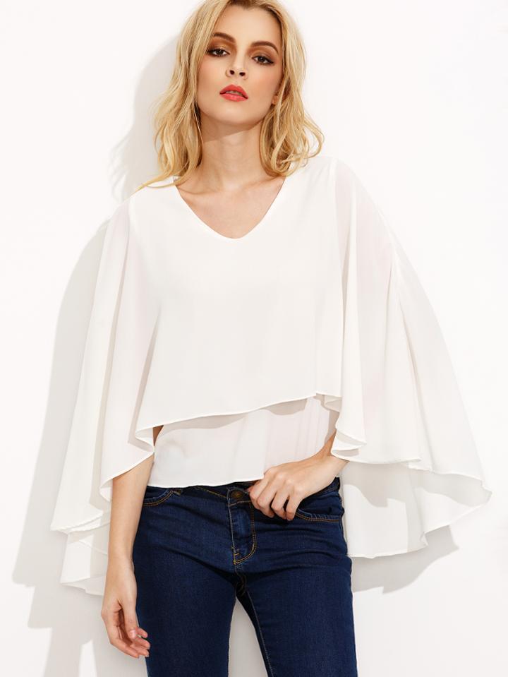 Shein White V Neck Double Layer Hem Ruffle Sleeve Blouse