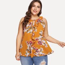 Shein Plus Floral Print Ruffle Trim Top