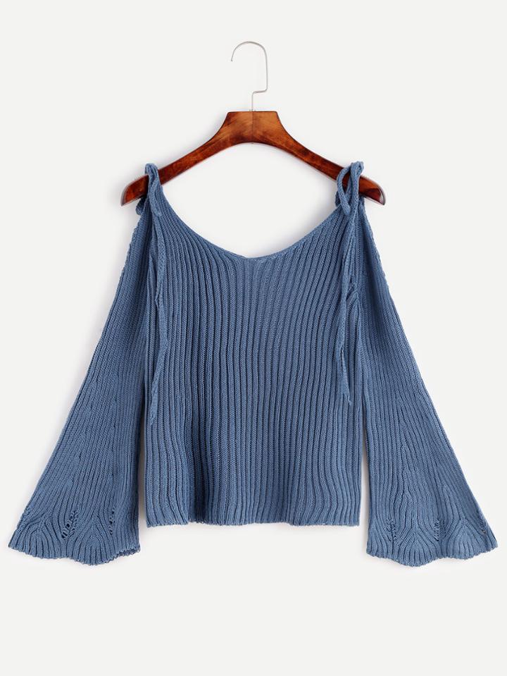 Shein Blue Cold Shoulder Bell Sleeve Sweater