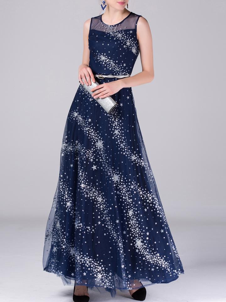 Shein Navy Gauze Stars Beading Belted Maxi Dress