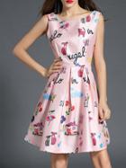 Shein Pink Boat Neck Cartoon Print Dress