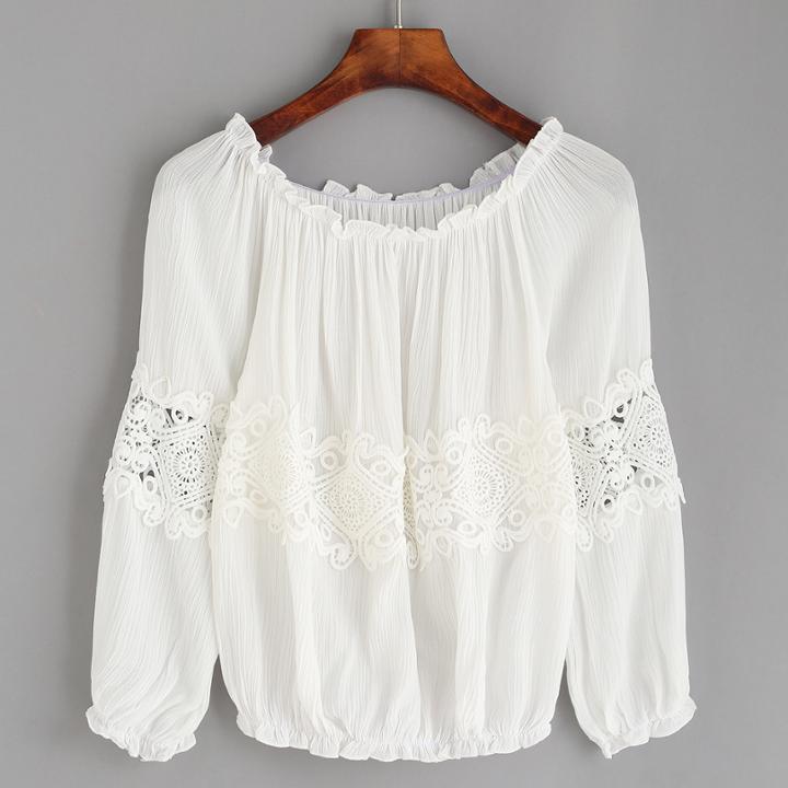 Shein White Crochet Insert Ruffled Crinkle Blouse