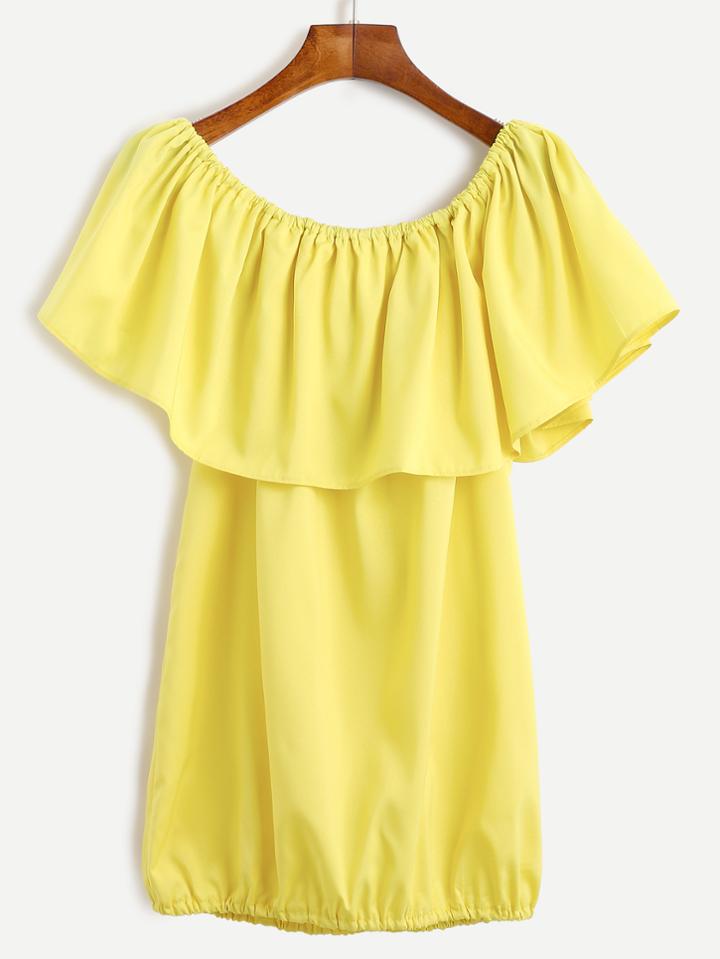 Shein Yellow Boat Neck Ruffle Elastic Hem Blouse