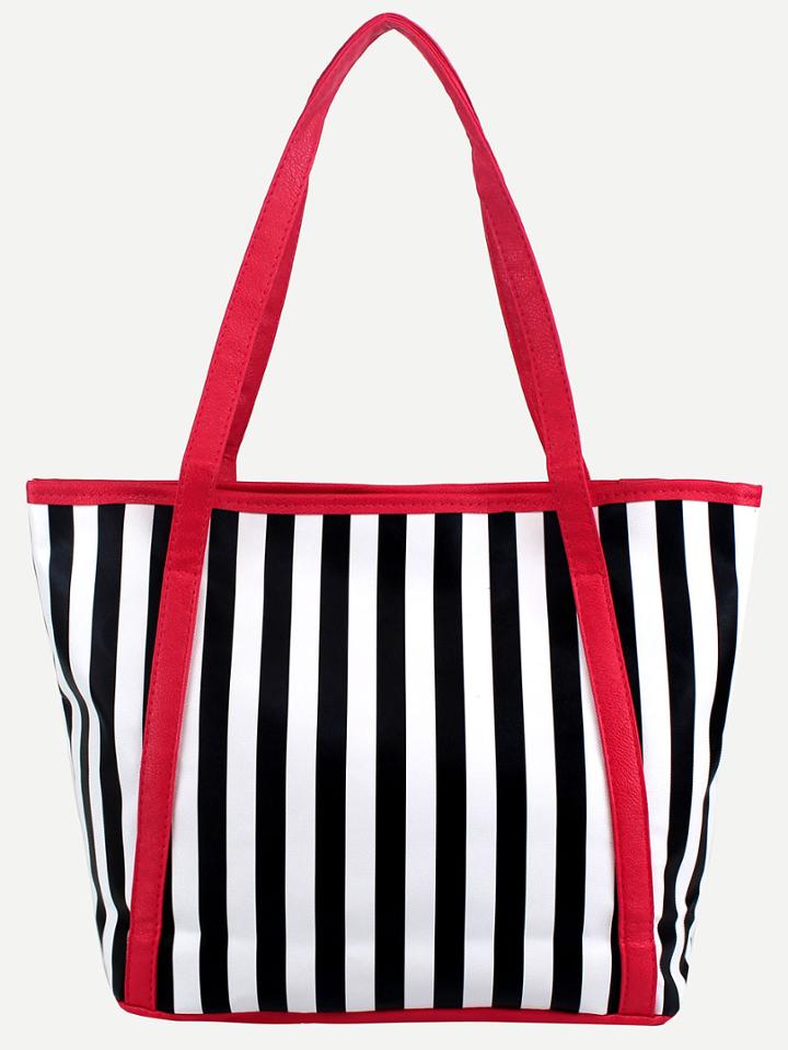 Shein Red Handle Vertical Striped Tote Bag