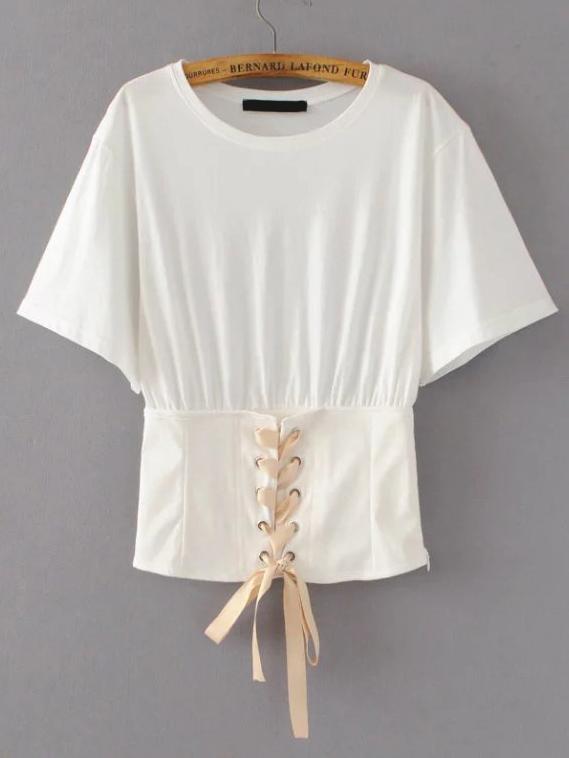 Shein White Waist Eyelet Lace Up T-shirt