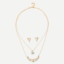 Shein Rhinestone Bar Layered Necklace & Earrings Set