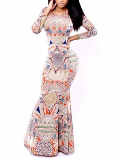 Rosewe Retro Three Quarter Sleeve Print Design Maxi Dress